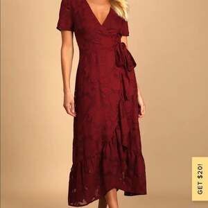 Lulus Blissfully Burgundy Jacquard Wrap Dress